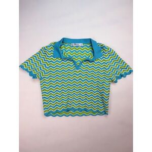 FB Sister Knitwear Blue Green Chevron Zig Zag ColorfulPolo Knit Top Large Boho